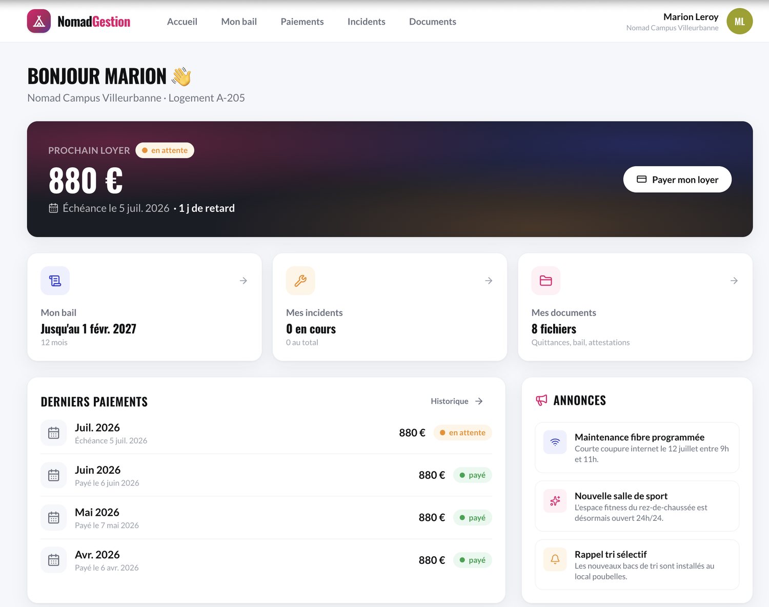 Interface du projet Nomad Gestion — Immobilier · gestion locative